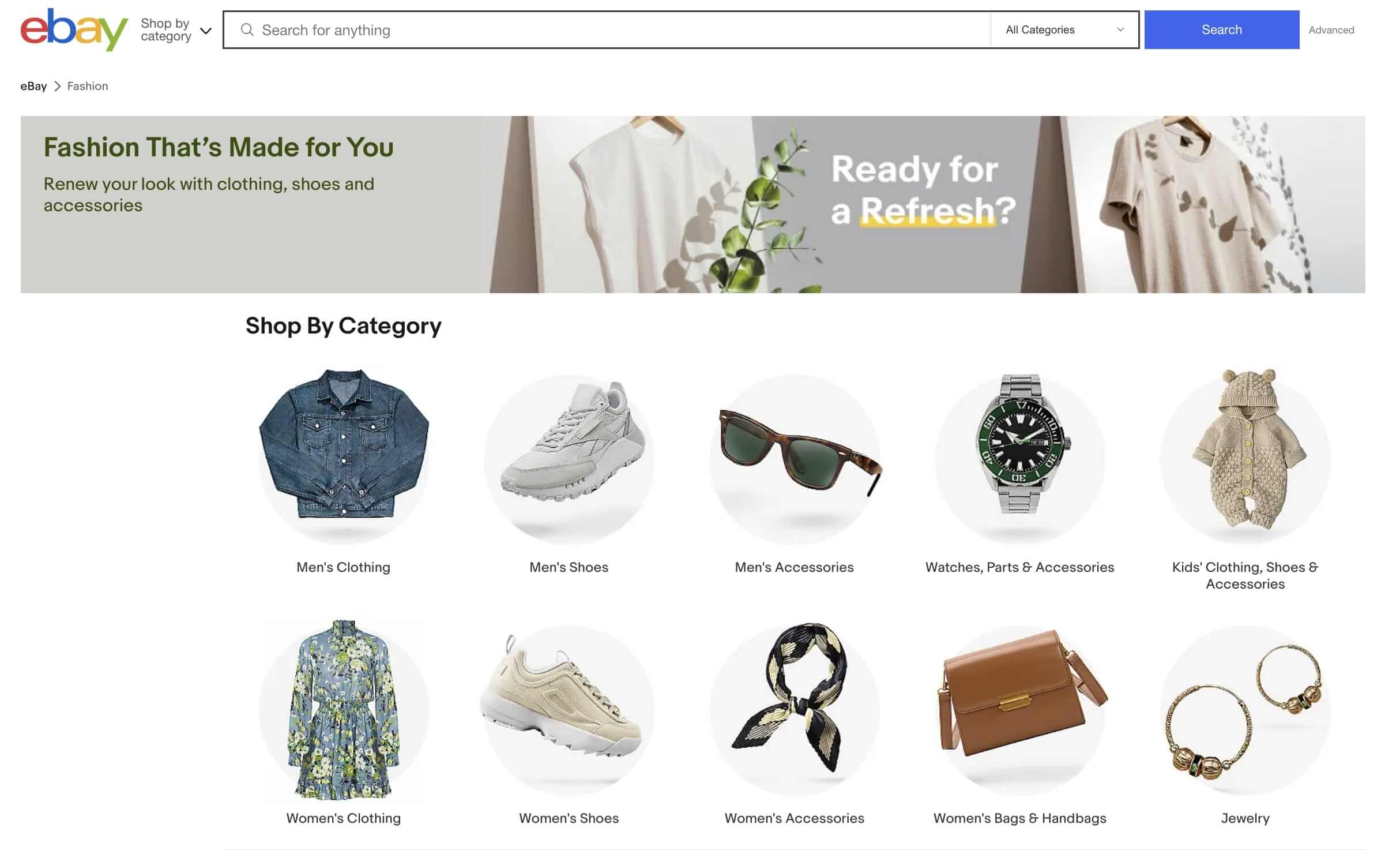 eBay's fashion page displaying men's, women's, and kid's clothing, shoes, and accessories.