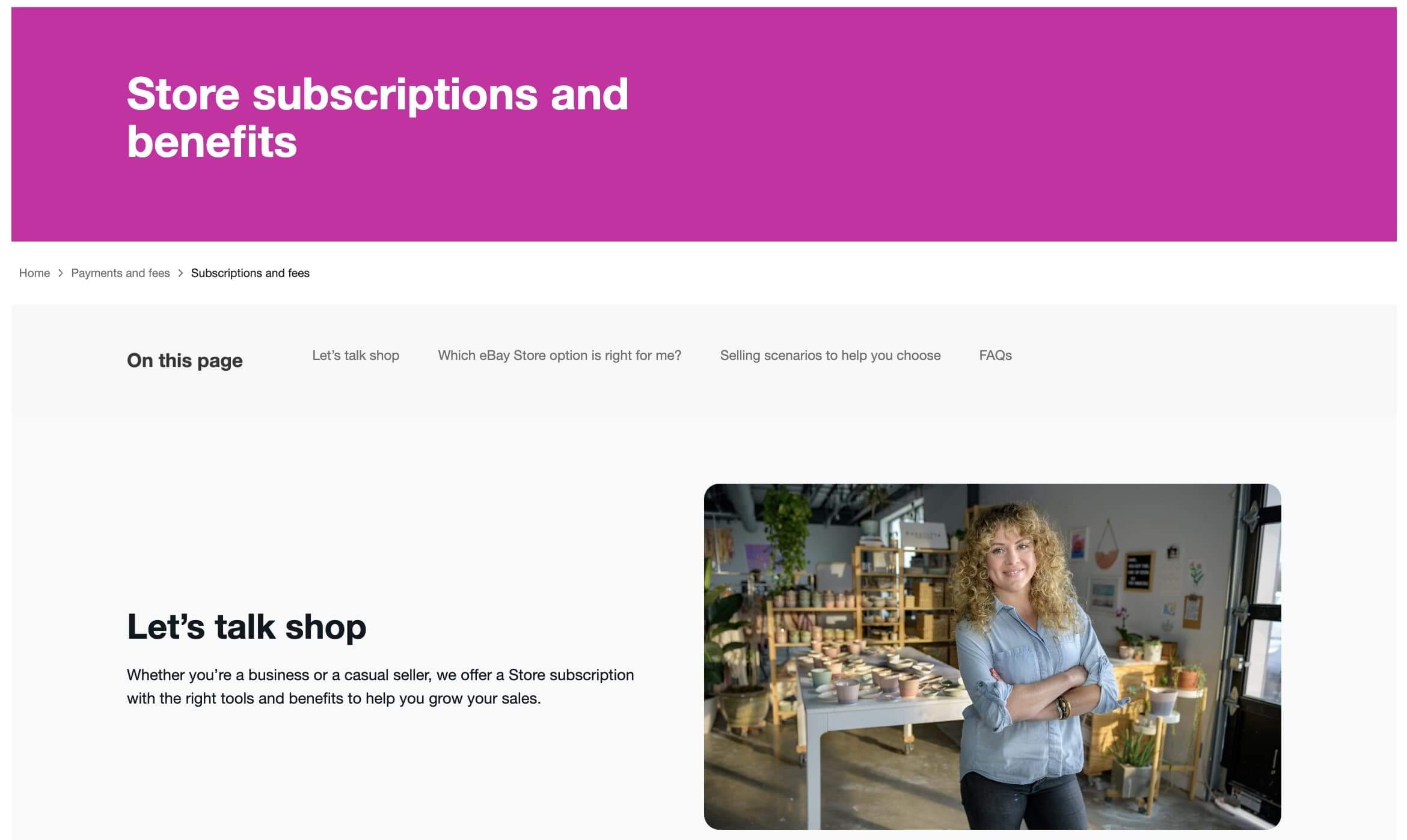 eBay's "Store and subscriptions benefits" page, with a concise explanation about store subscriptions and the picture of a female artisan in front of a wooden table with colorful ceramics.