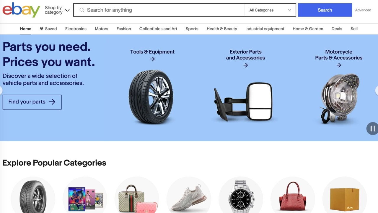 eBay homepage displaying various product categories.