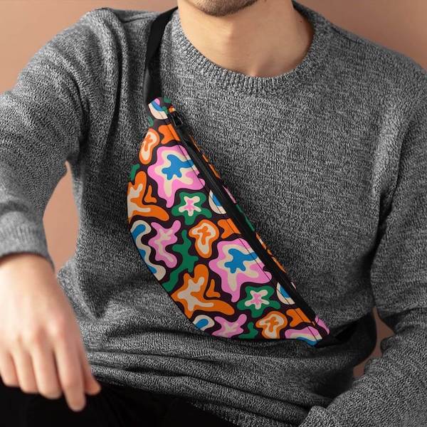 A fanny pack with a colorful, abstract design.