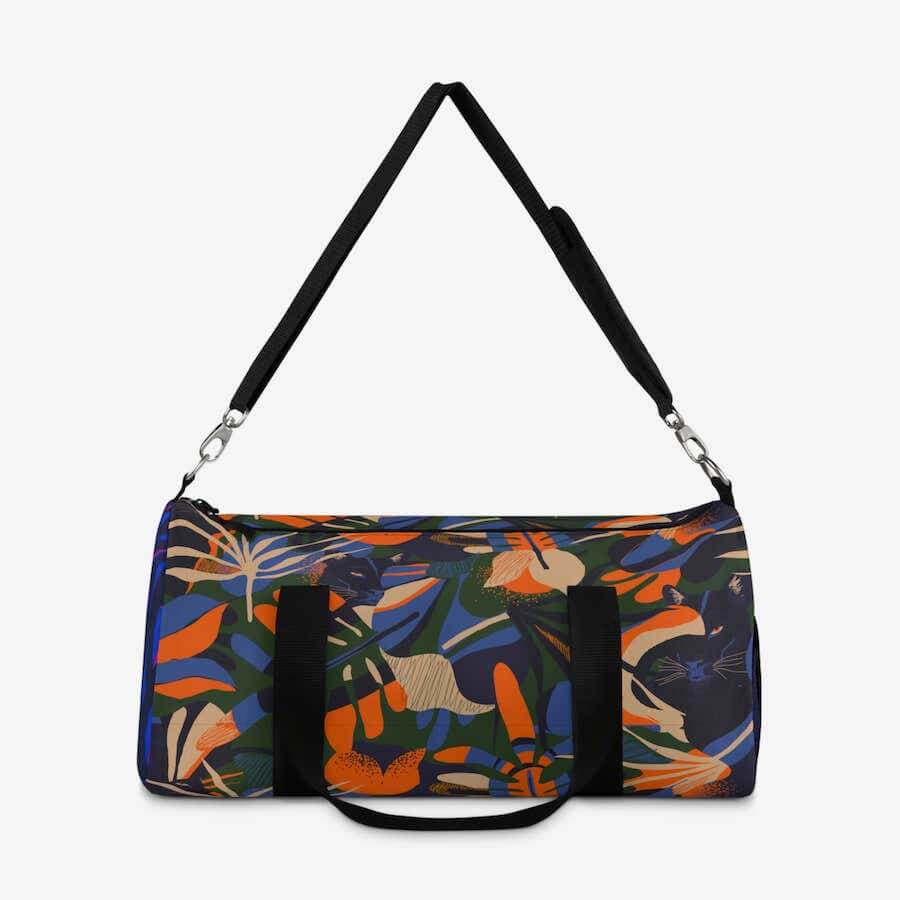 A gym bag with a floral pattern.