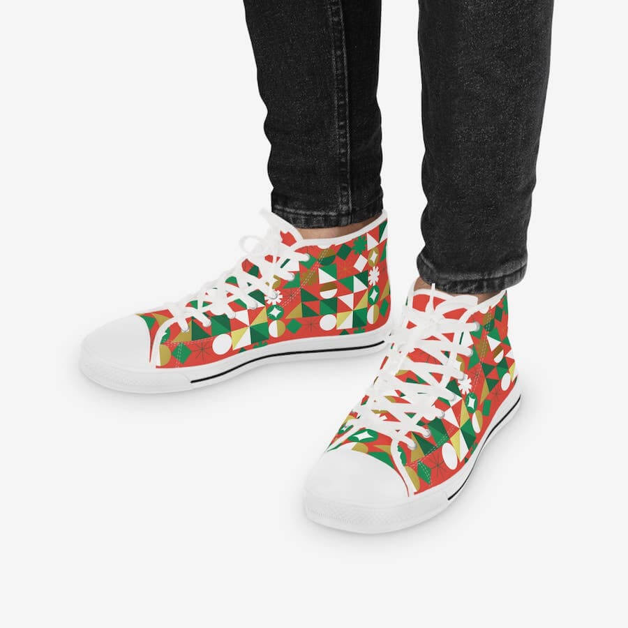 High-top sneakers with geometric shapes in various colors.