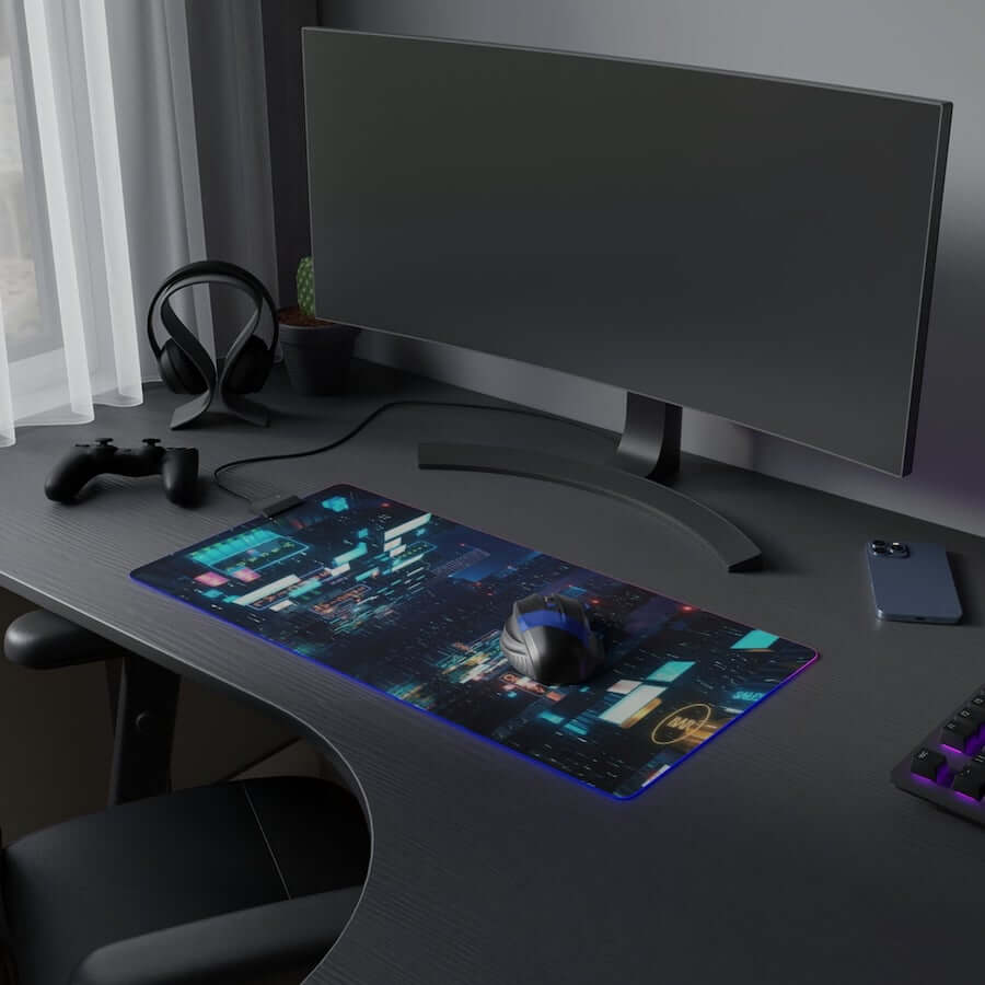 An LED gaming mouse pad on a black table.
