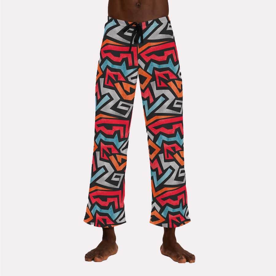 Colorful pajama pants in the style of geometric abstraction.