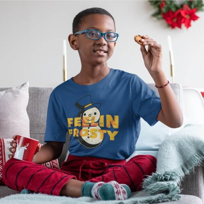 A kids “Feeling Frosty” Christmas t-shirt with a snowman.