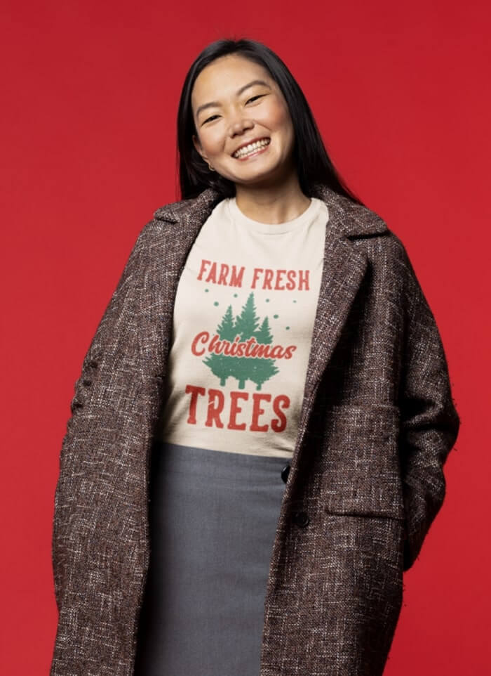 Custom Christmas t-shirt with “Farm Fresh Christmas Trees” text.