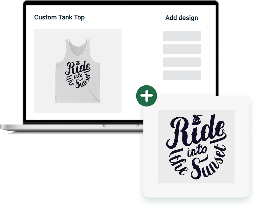An illustration of the design process in Printify's Mockup Generator, applying a surfing logo that says, “Ride into the sun” to a white tank top.