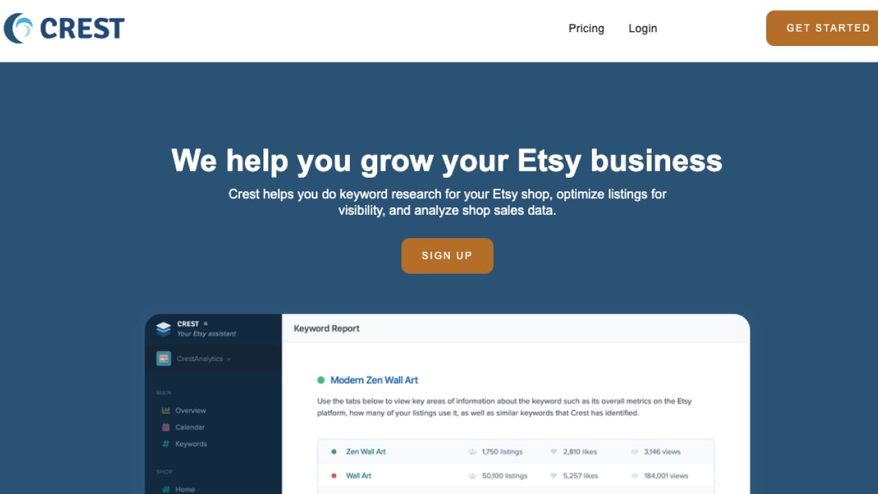 Crest homepage with the tagline “We help you grow your Etsy business.”