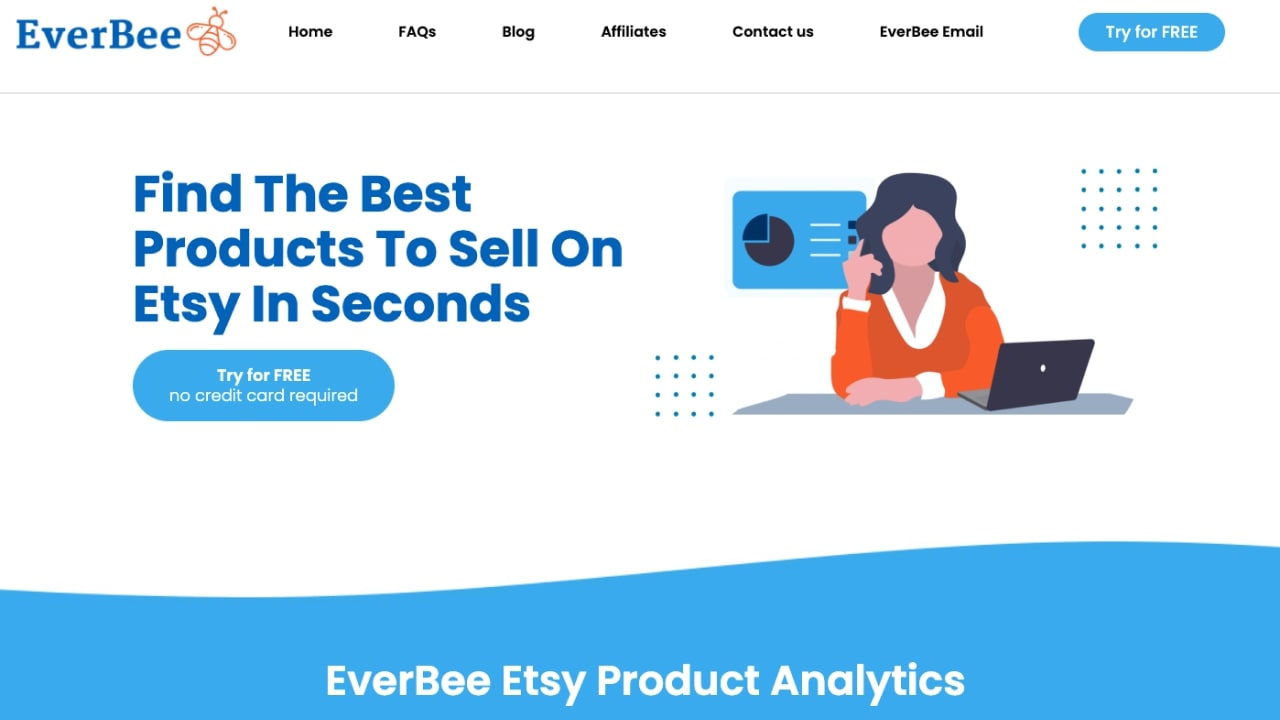 EverBee homepage with the tagline “Find the best products to sell on Etsy in seconds.”