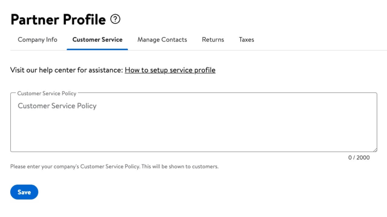 Customer Service section of Walmart Partner Profile settings, where one can add their customer service policy.