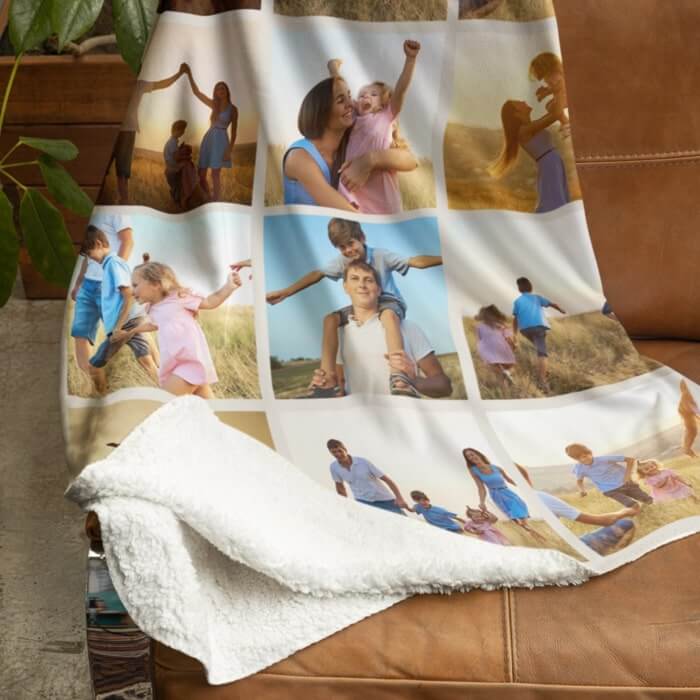 Custom fleece blanket with printed family pictures.