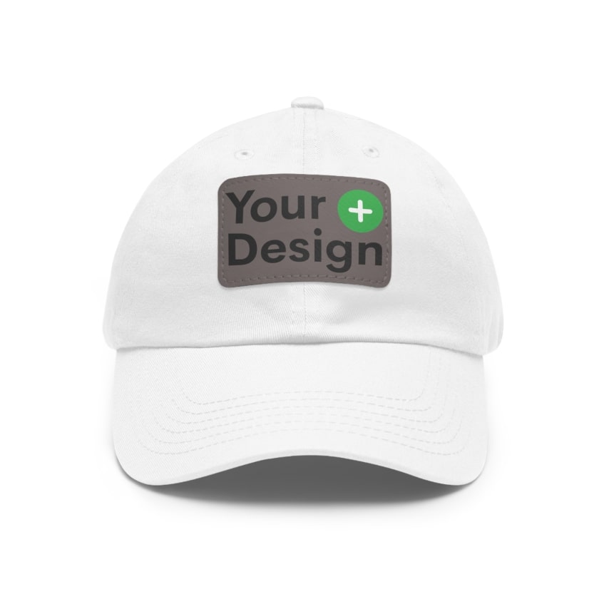 A white cap with the “Your Design+” logo on the front.