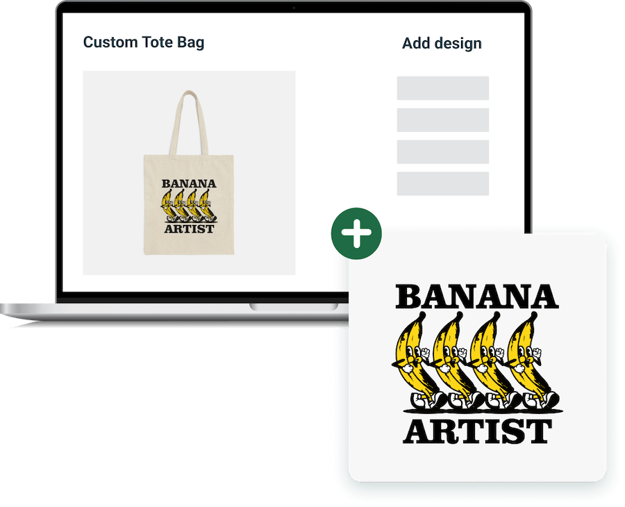 An illustration of the design application process for a tote bag in Printify's Mockup Generator.