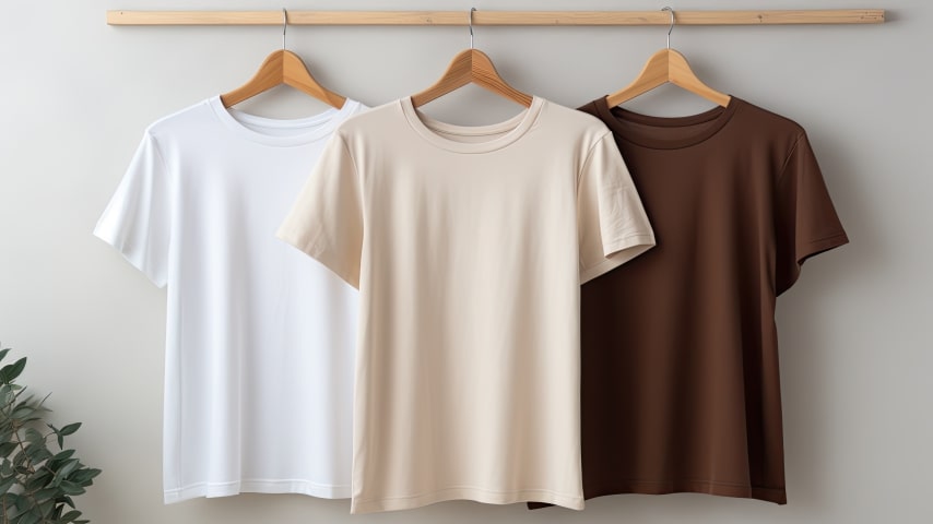 A set of beige t-shirts hanging from a wall.