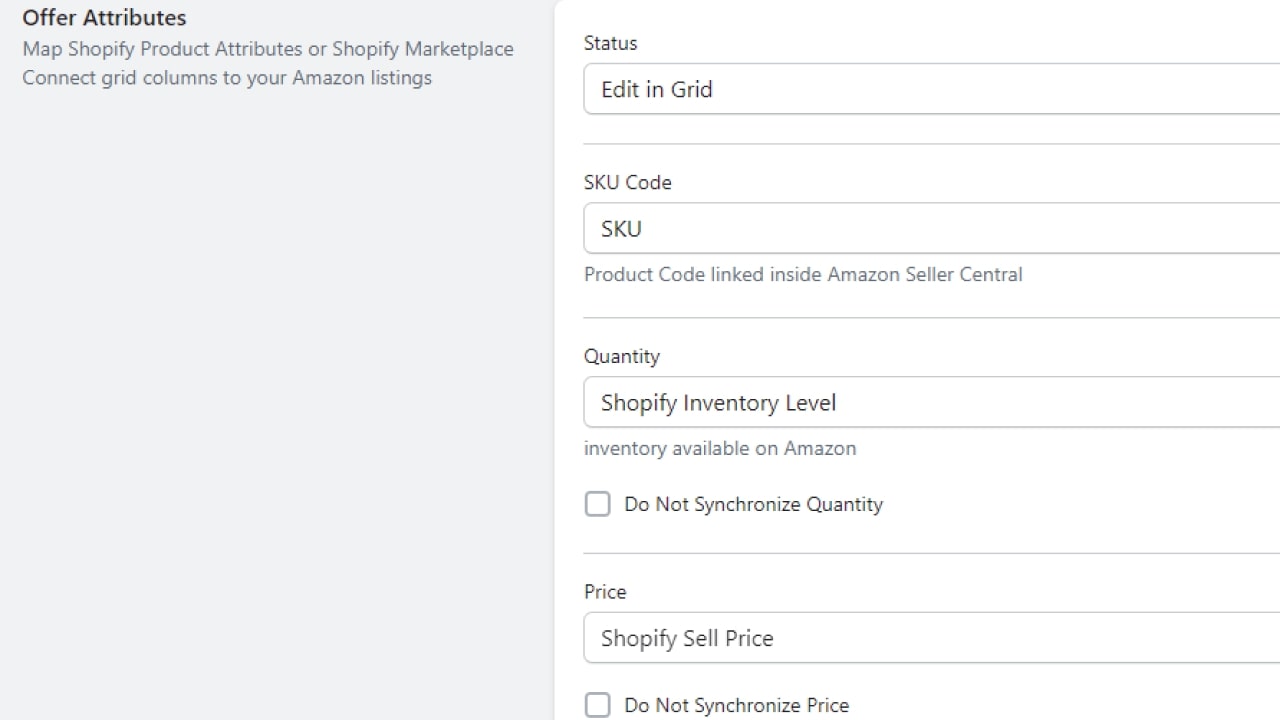 The page for mapping Shopify product attributes, such as quantity, SKUs, price, and more.