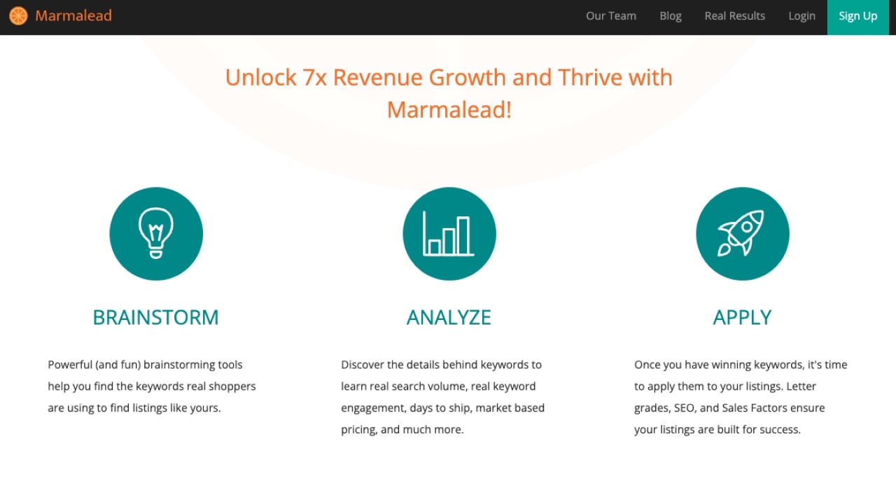 Marmalead homepage with the tagline “Unlock 7x revenue growth and thrive with Marmalead.”