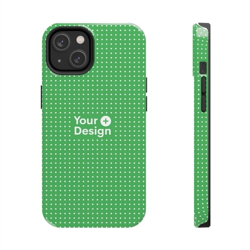 The back and side of the phone that have a green case with white dots and the “Your Design+” logo.