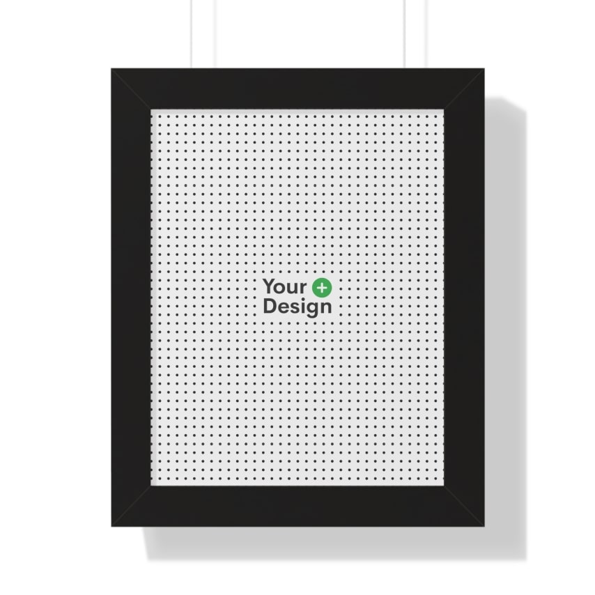 A white poster with a dark frame, black dots, and the “Your Design+” logo.