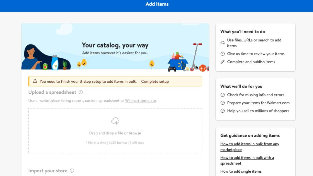 Page for adding items to one's Walmart Marketplace catalog.