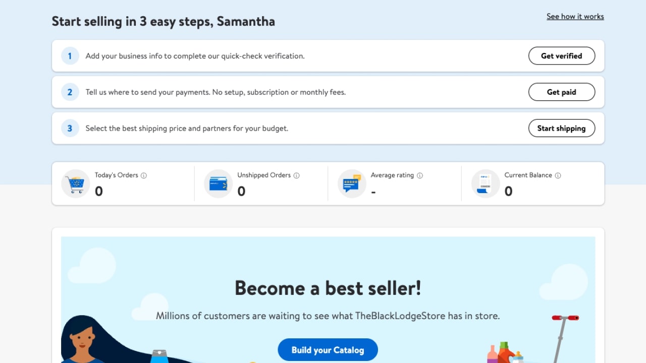 Walmart Marketplace setup steps asking for business info and verification, payment method, and shipping setup.