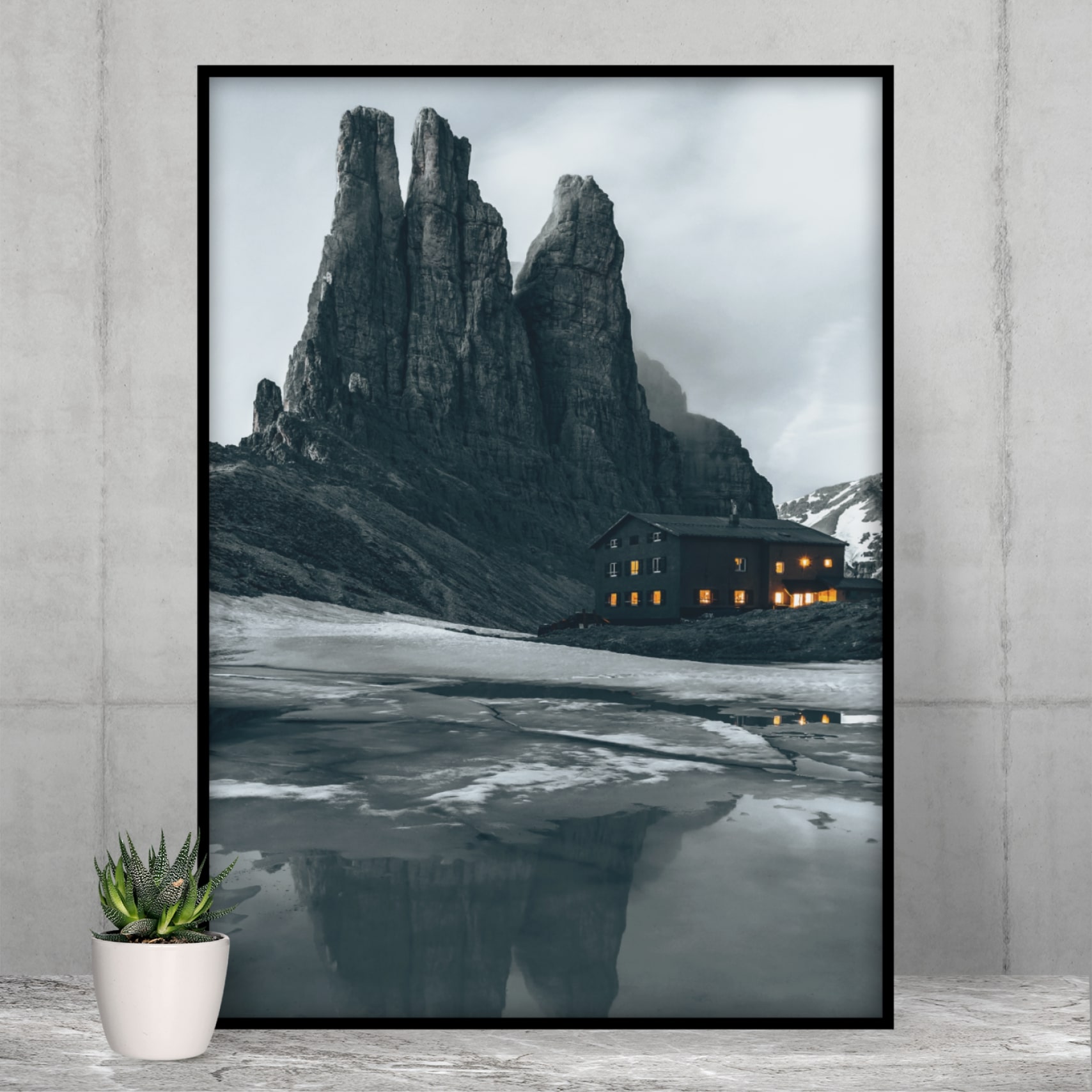 Custom printed poster with grey mountain scenery.