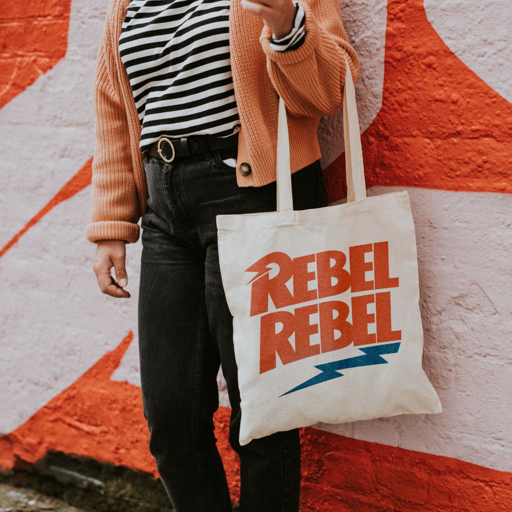 Custom “Rebel Rebel” tote bag.