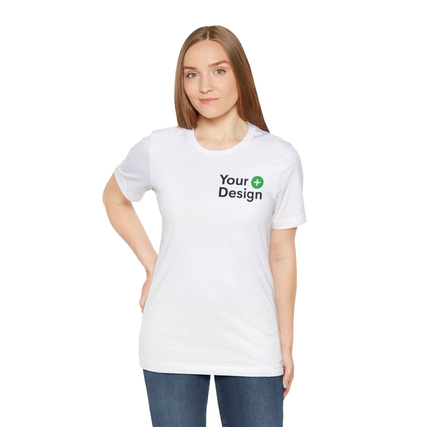 A woman with a white t-shirt that has “Your Design+” logo.