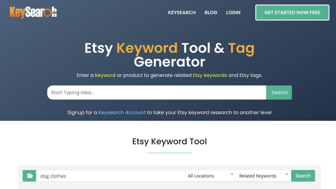 Key Search homepage with the title “Etsy keyword tool and tag generator.”
