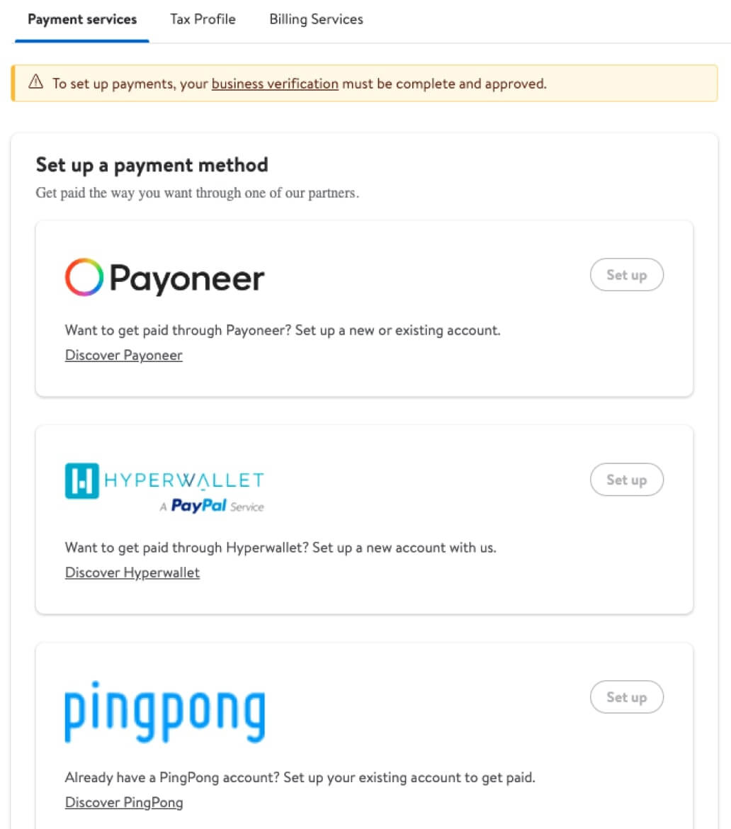 Page for selecting payment, tax, and billing services and a payment method.