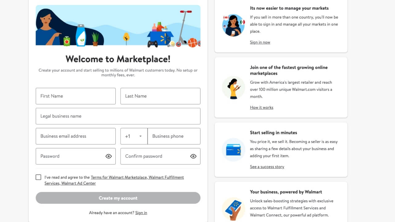 Walmart Marketplace account creation page.