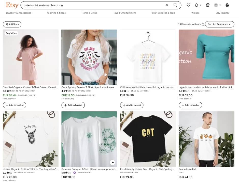 Etsy search example for the keywords “cute t-shirt sustainable cotton.”