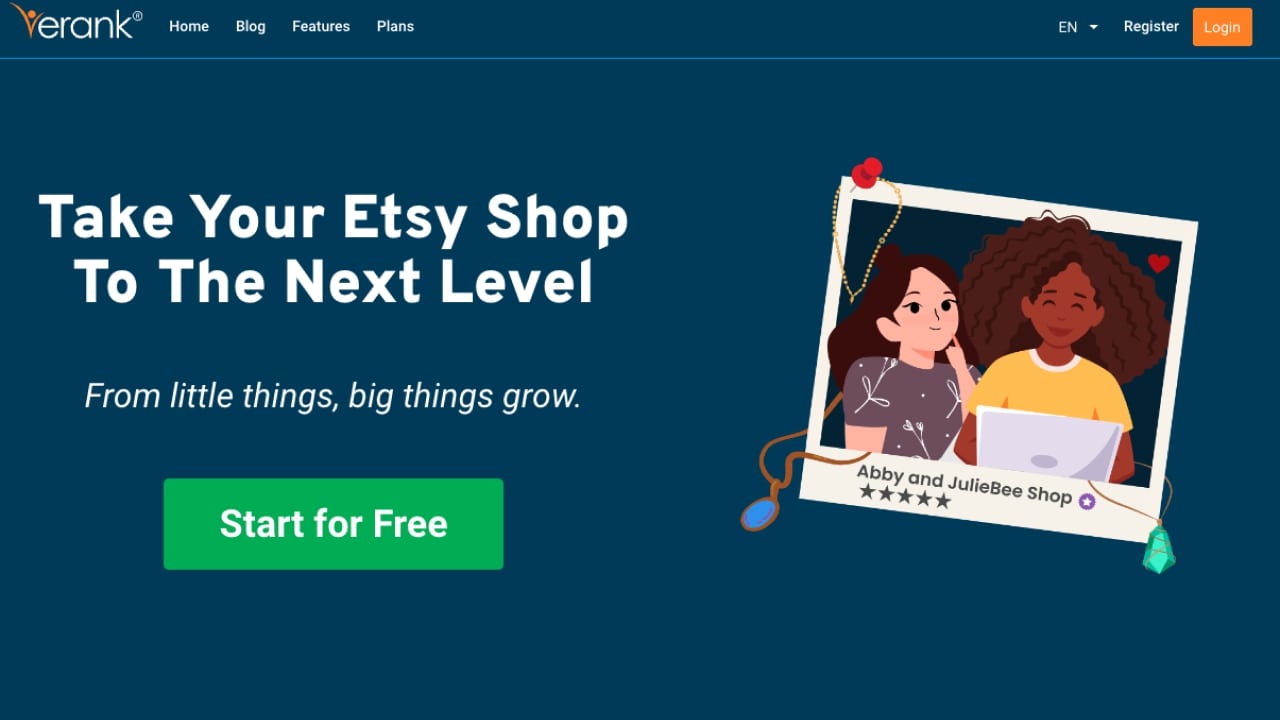 eRank homepage with the tagline, “Take your Etsy shop to the next level,” and a free signup button.
