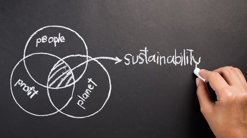 Someone writing the word “Sustainability” on a blackboard.