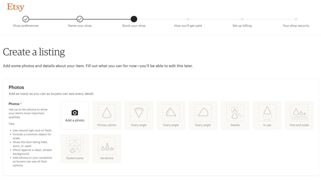 Create Your First Listing to Activate Your Store “Create a listing” section of Etsy onboarding.