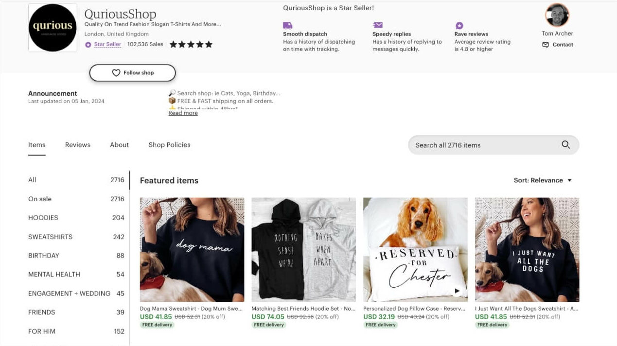 A screenshot of an Etsy shop with 4 products shown.