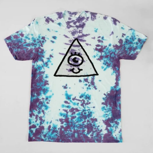 A colorful t-shirt with a design of a triangle with one eye in the middle.