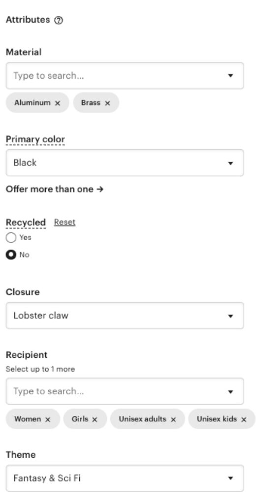 Keywords and Attributes Example of product attribute setup – material, primary color, and more.