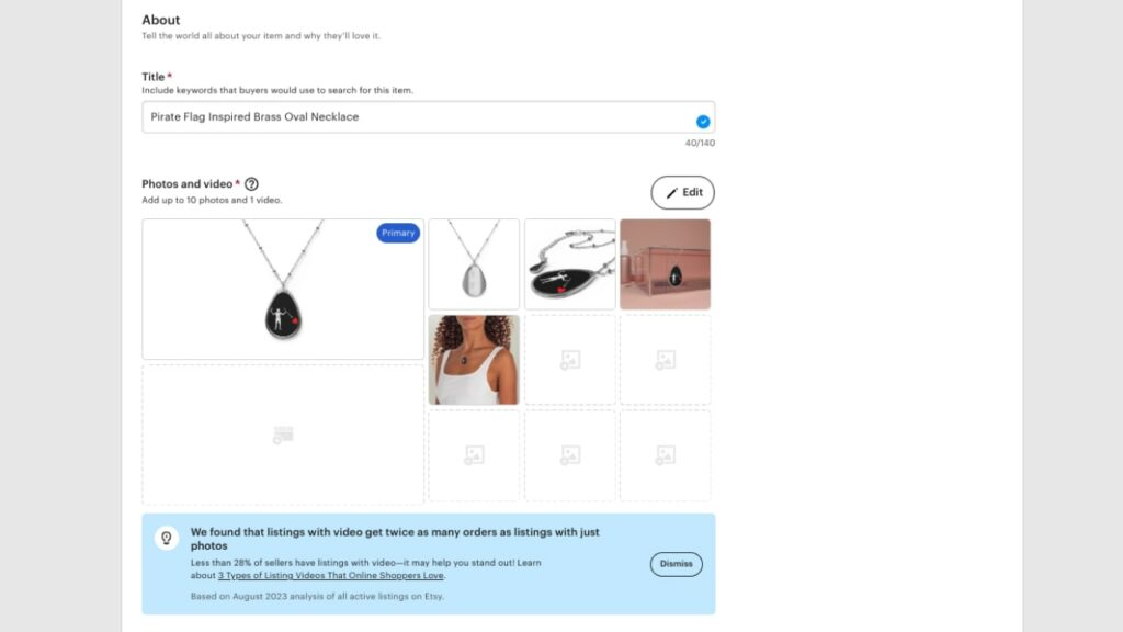 Product Titles Example of a product title and images for an Etsy listing.