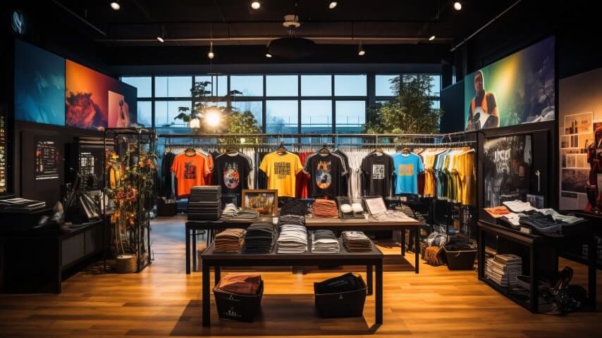 A store filled with band merchandise – shirts, hoodies, hats, and more.