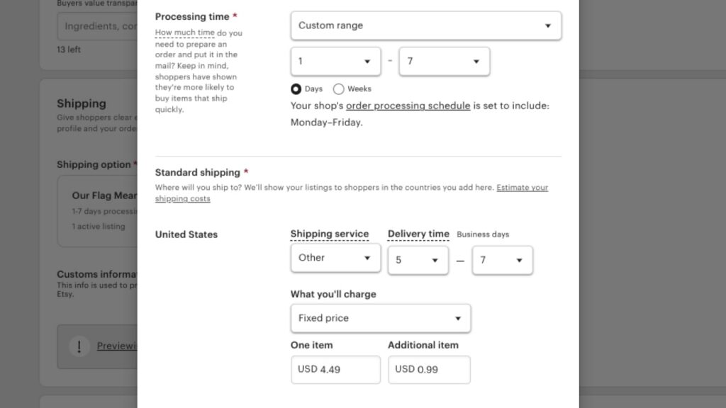 Shipping Details Shipping profile setup example for a listing on Etsy.
