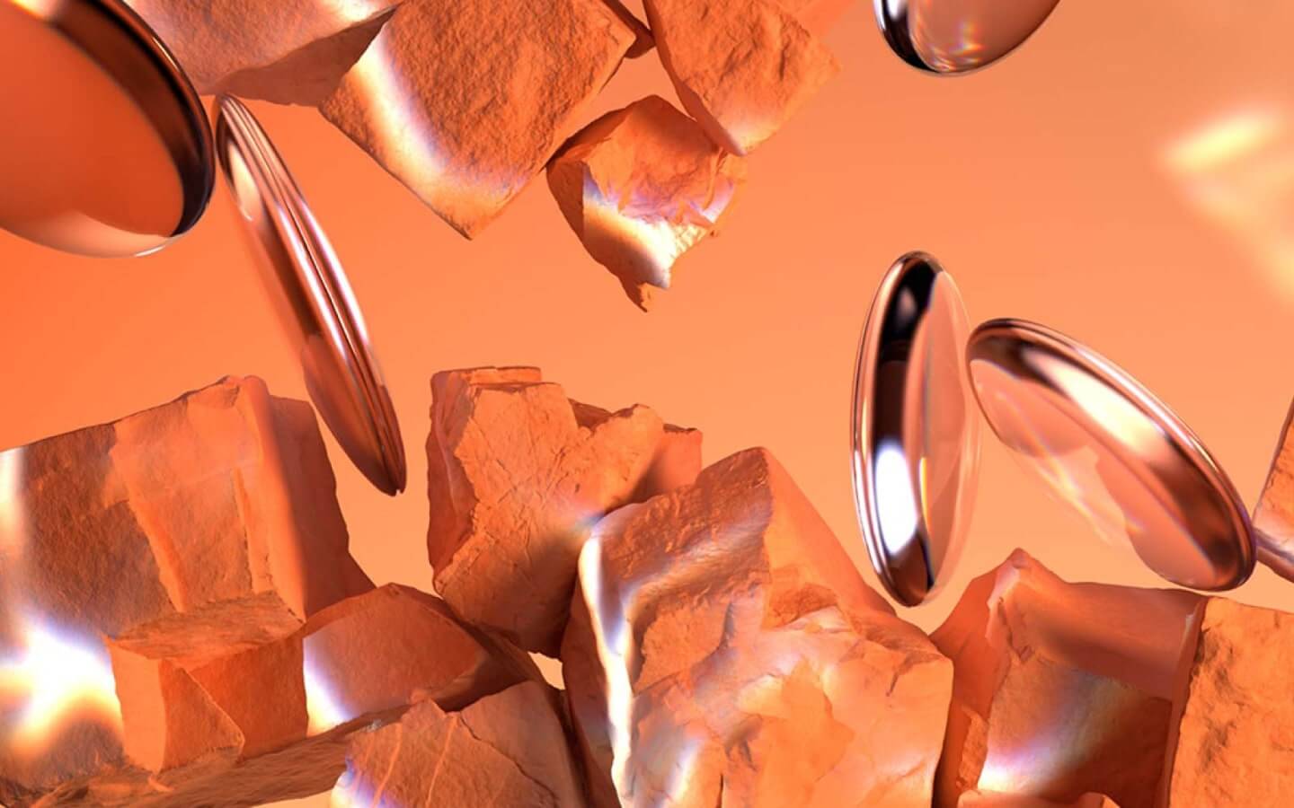 Abstract image with reflective silver droplets floating among terracotta-colored rock fragments against an orange-toned background.