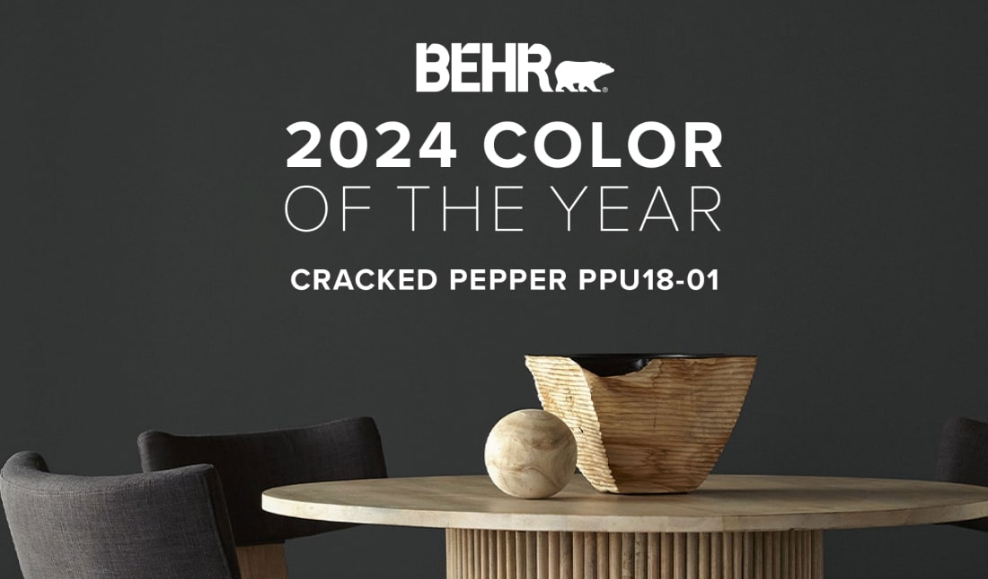 Image of Behr's announcement for "2024 Color of the Year" showing "CRACKED PEPPER PPU18-01" with a dark background and white text.
