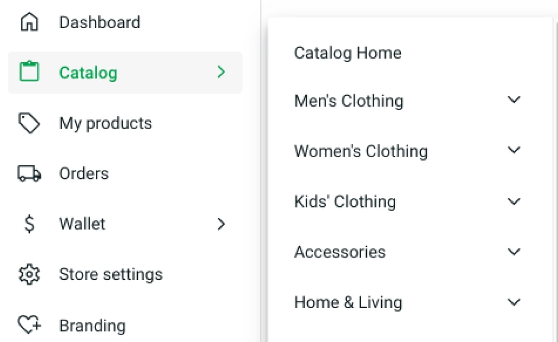 Printify's Catalog section on the left-hand menu with product category selection open.