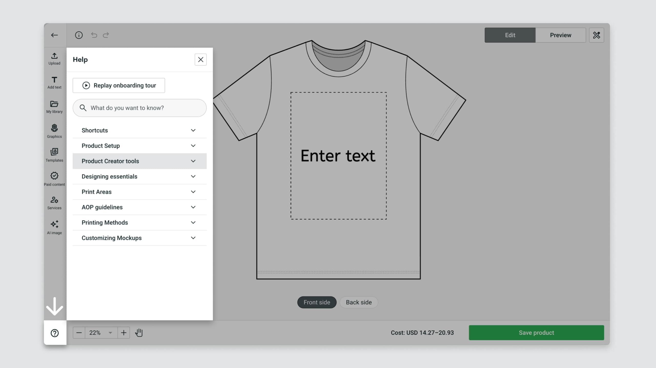The Help section and guided onboarding tour section in Printify's Product Creator.