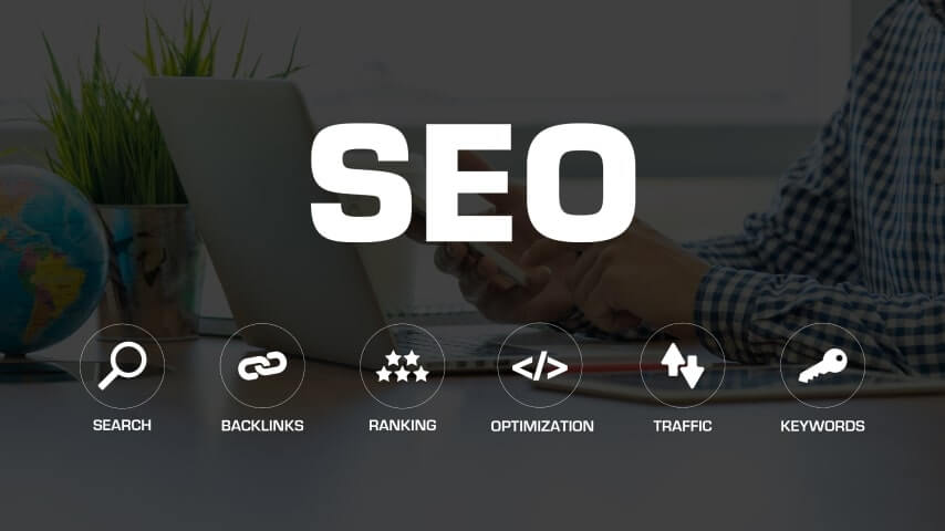 A graphic listing aspects of SEO: search, backlinks, ranking, optimization, traffic, and keywords.
