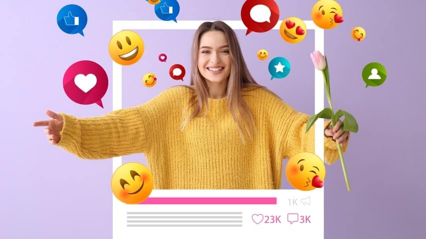 A woman posing in a frame resembling an Instagram post, surrounded by graphics of social media emojis.