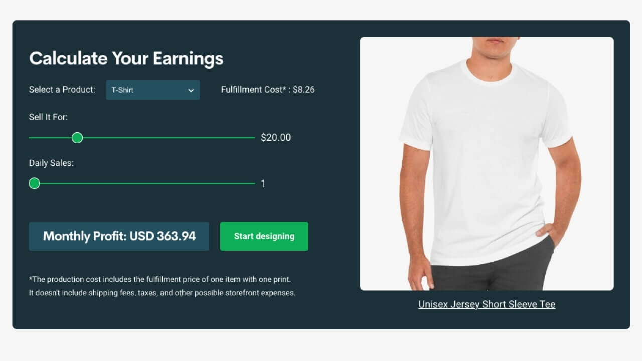 Earnings calculation example for t-shirts.