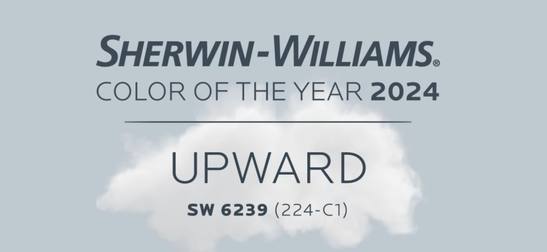 Image of Sherwin-Williams' announcement for "Color of the Year 2024" featuring the color "UPWARD SW 6239" with a cloudy sky background.