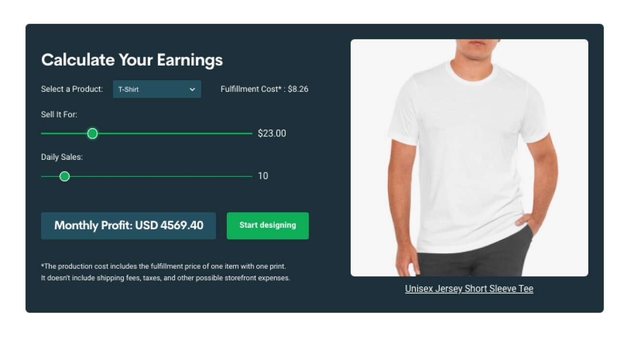 An example of earnings calculation for selling t-shirts with Printify.