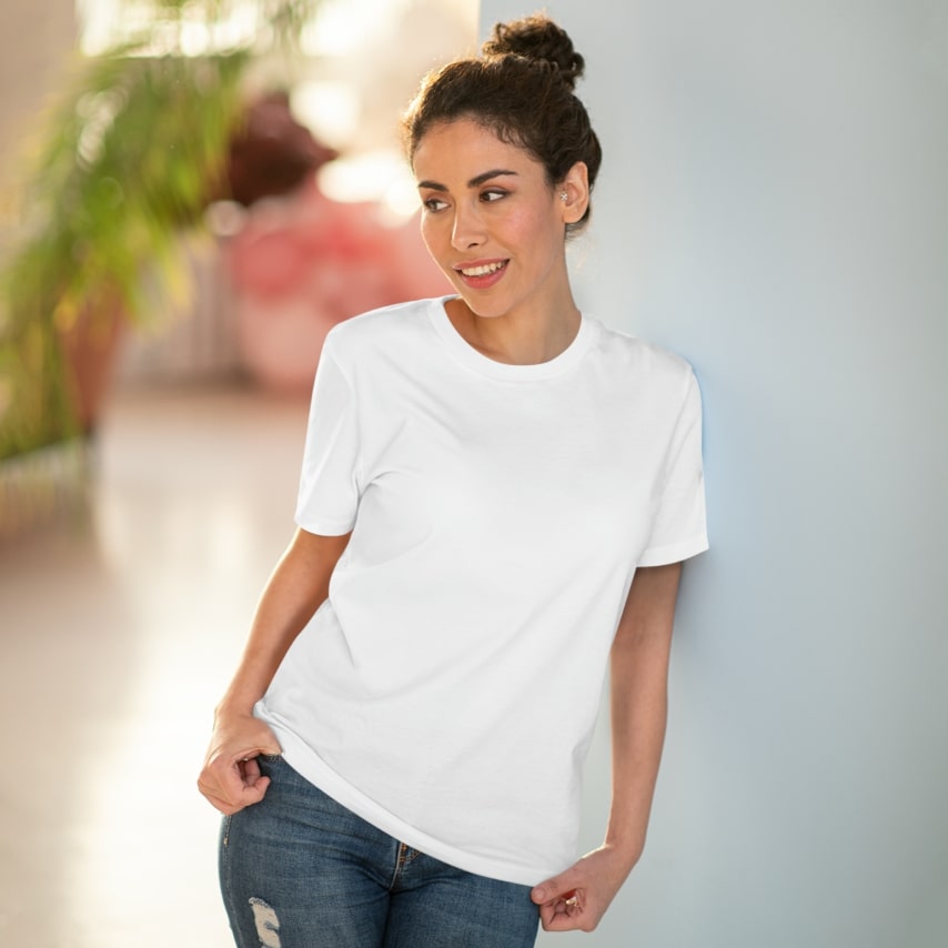 A woman in a white t-shirt.
